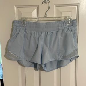 LULULEMON hotty hot low rise shorts size 10 light blue , 2.5” inseam